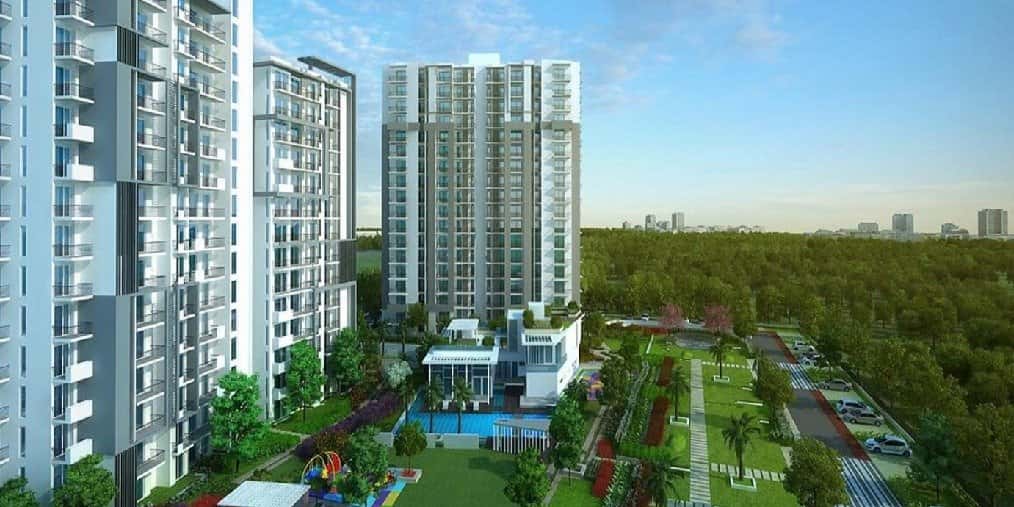 Godrej Meridien — towers with a pool and landscaped deck