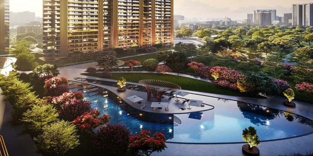 M3M Crown — towers above a landscaped water garden