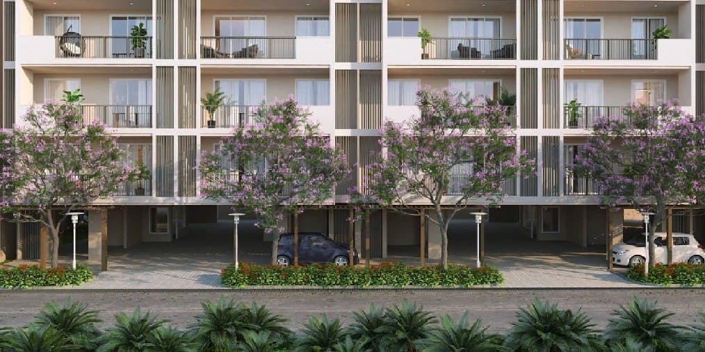 DLF Garden City Enclave — four-storey independent floors behind flowering trees