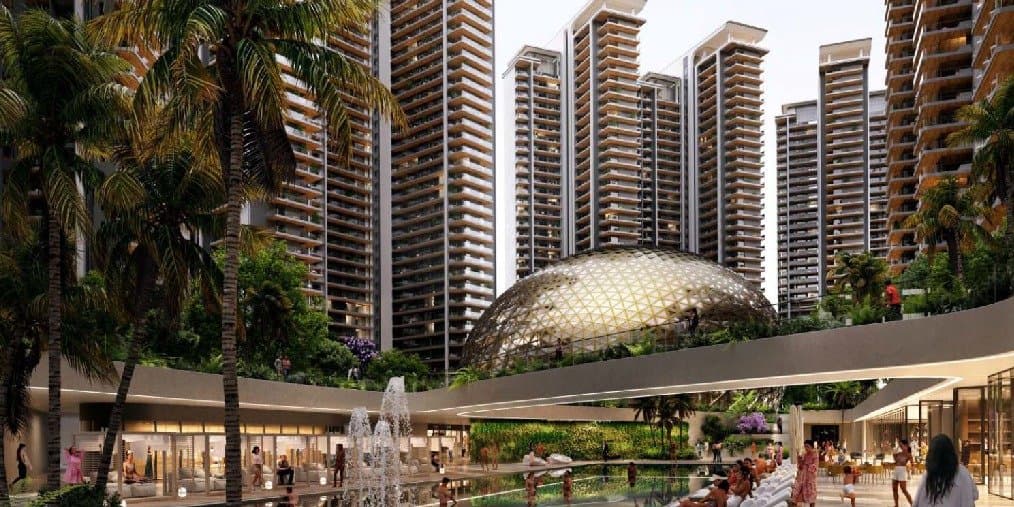 Elan The Presidential — towers above a retail plaza with a glass dome