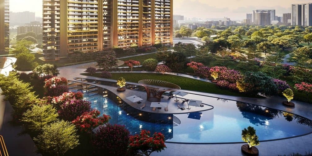 M3M Crown — towers above a landscaped water garden