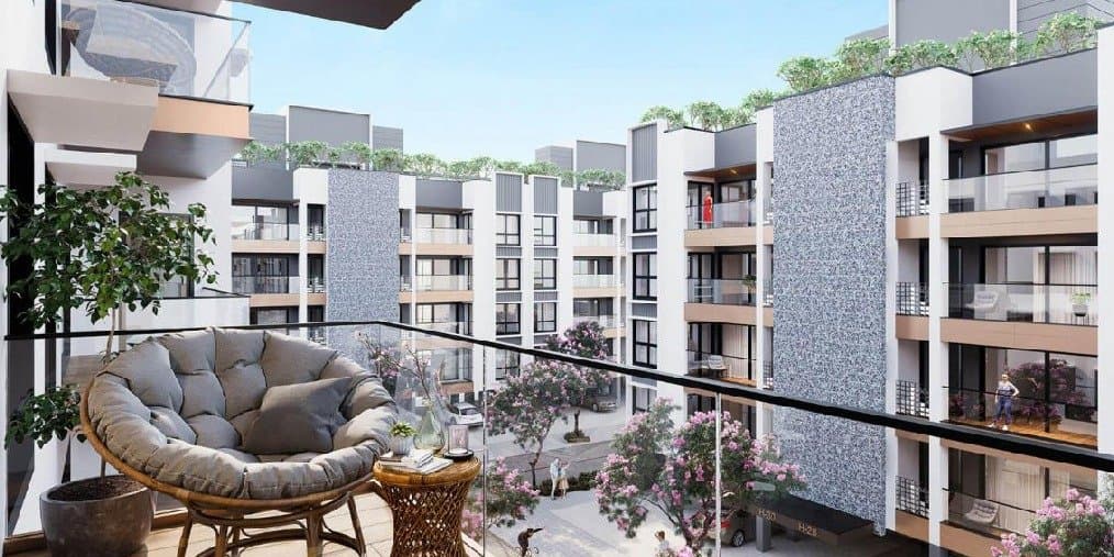 Smartworld — balcony view over a landscaped courtyard