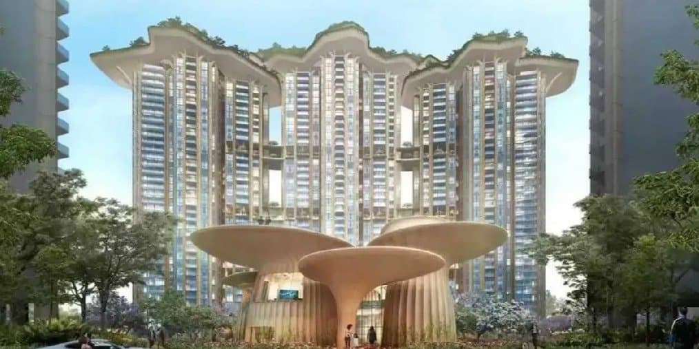 Tulip Monsella — towers behind a canopy-roofed entrance pavilion